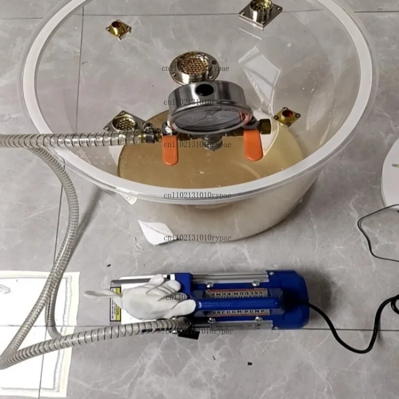 Air extraction for fully transparent acrylic vacuum chamber with ultra-long pressure holding, sealed defoaming barrel