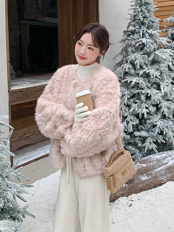 핑크 방수 양털 자켓 여성용 가을 겨울 따뜻한 캐주얼 루즈핏 롱 슬리브 라운드 넥 코트