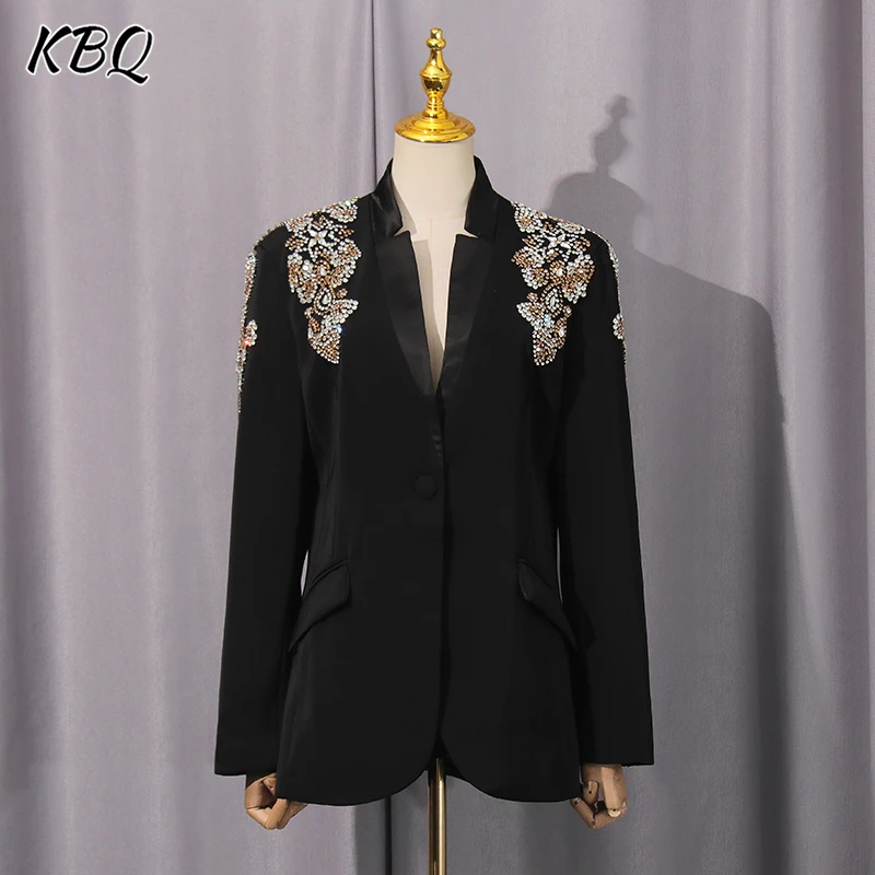 

KBQ Elegant Solid Spliced Diamonds Tunic Blazer for Women Notched Collalr Long Sleeve Temperament Bazer Female Fashion Style New