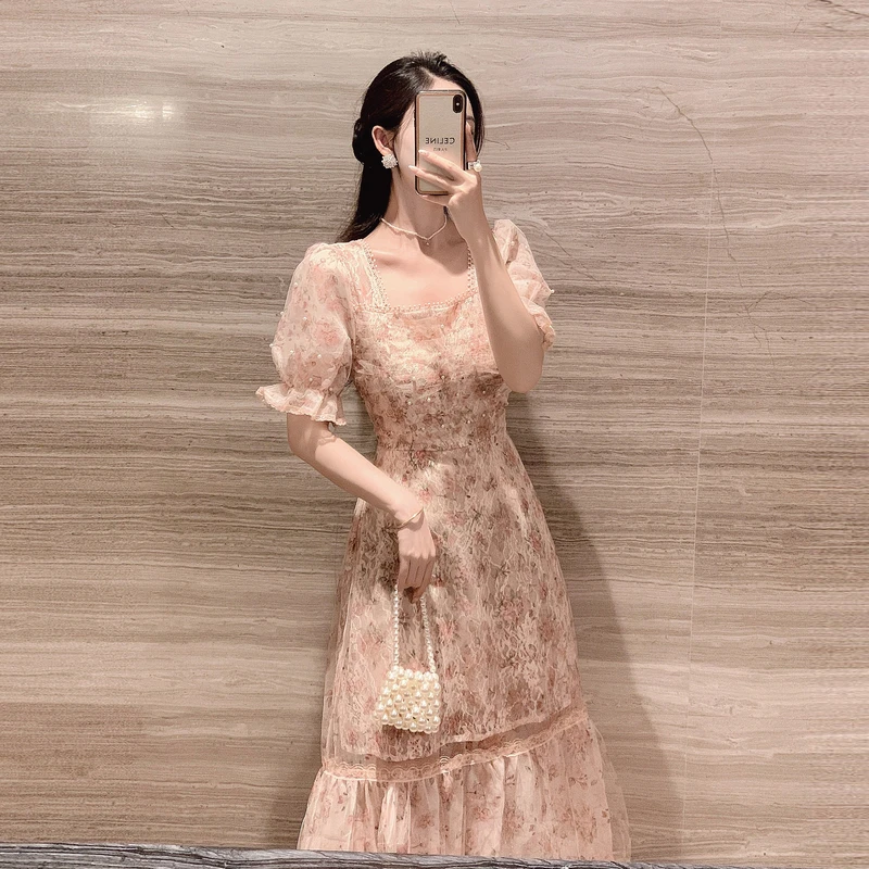 Vestido de hadas e de estilo princesa, vestido de encaje de manga corta con cuello cuad y estampado Floral, noveda...