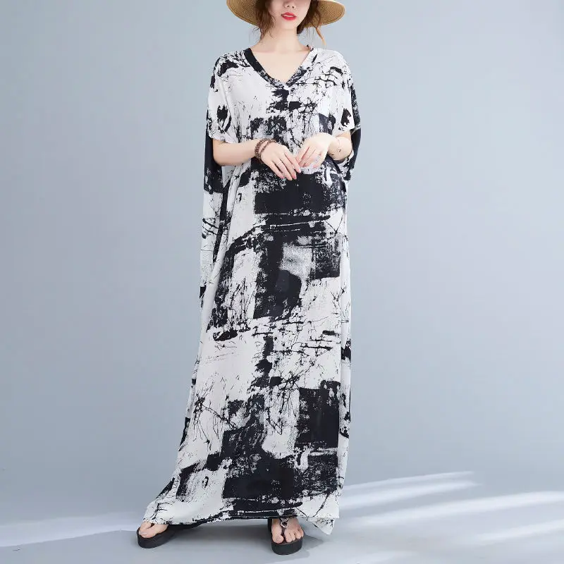 Women\'s Stylish Vintage Print Oversized Short Sleeve Casual Long Dresses Summer V Neck Boho Vacation Beach Maxi Dress Robe Femme