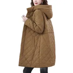 2023 New Autumn Winter Coat Jacket Mid Length Women's Cotton Clothes Hooded Casual Checkered Warm Windproof Outerwear Female