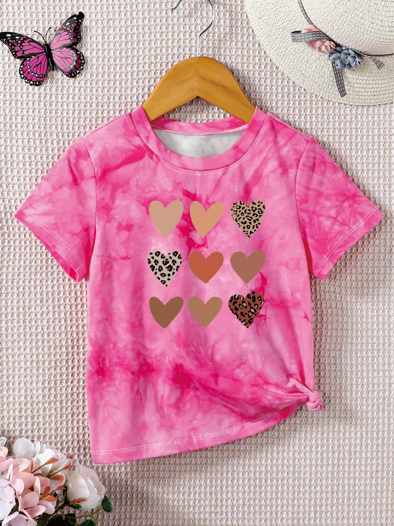 Kids Girls Tie-Dye T-Shirt, Leopard & Solid Hearts Print Short Sleeve Tee for Casual Daily Wear
