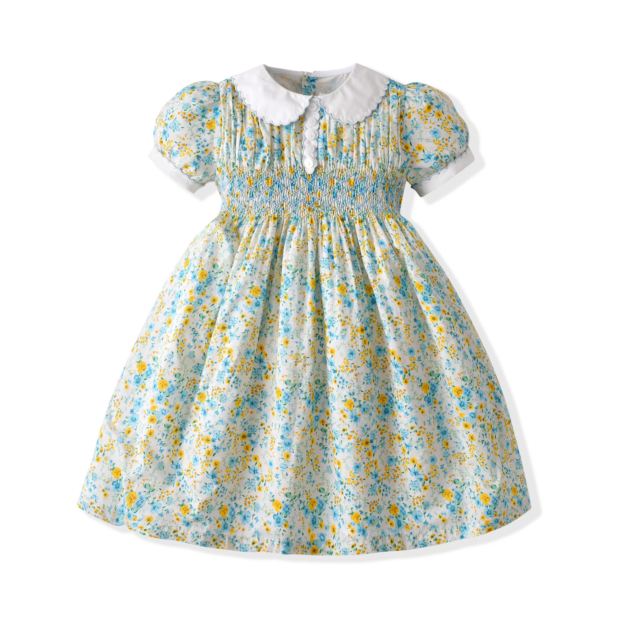 Vintage Floral Hand Smocked Short Sleeve Girl Dress Peter Pan Collar Fashion Kids Girls Dresses Summer Clothing For Baby 2026