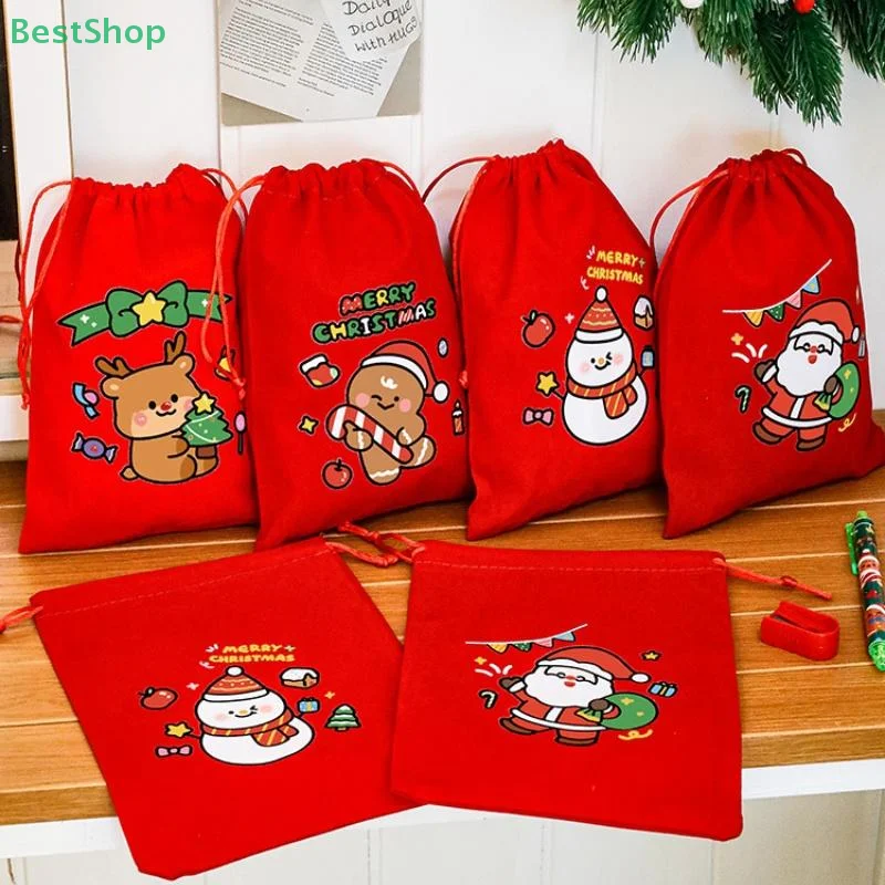 Bolsas de terciopelo navideñas con cordón, bolsa de embalaje de regalo roja, bolsa para aperitivos y galletas, bolsas de almacenamiento de Año Nuevo, 5 uds.