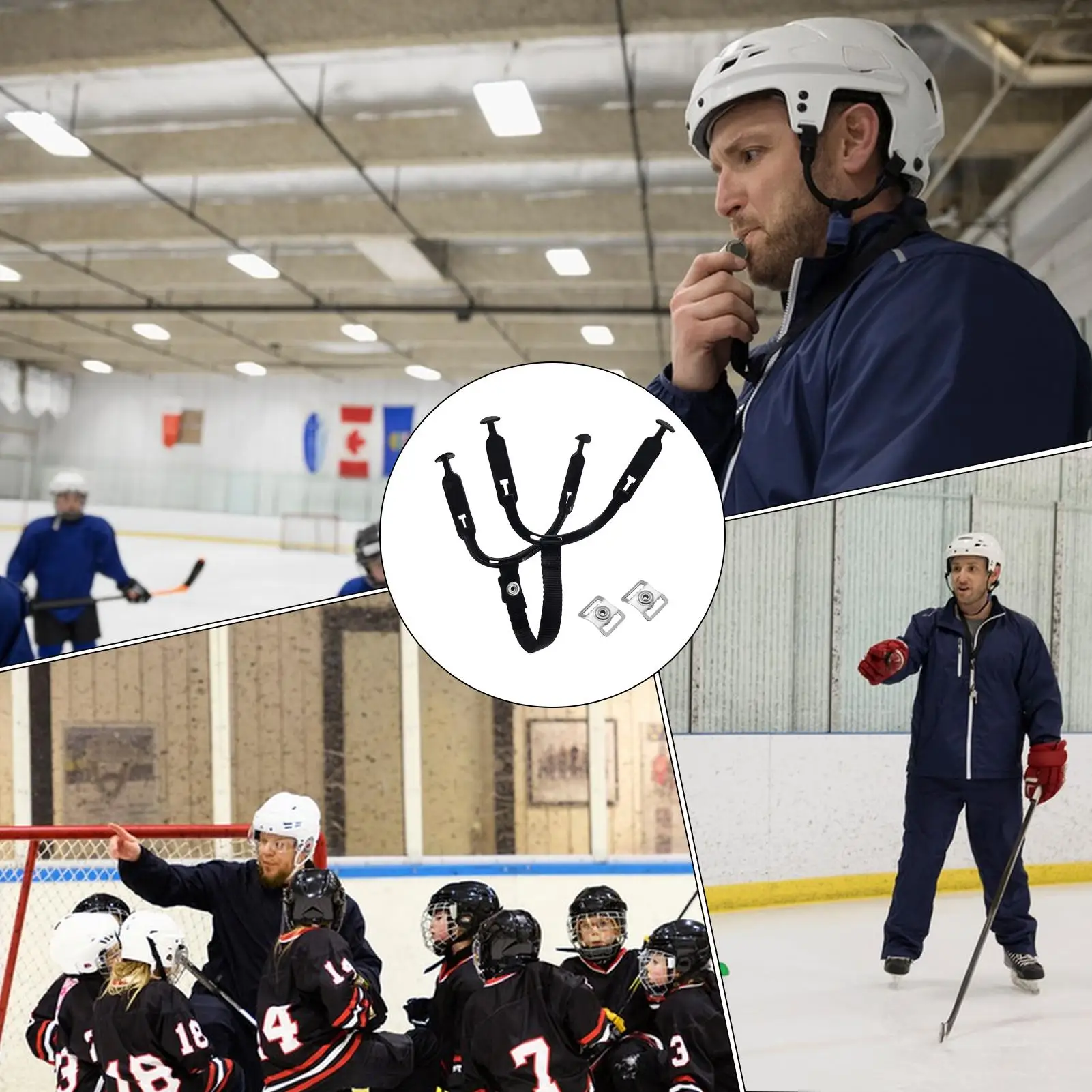 

1 комплект хоккейного шлема, ремешок для подбородка, хоккейный ремень для ушей, сменный ремень с петлями и защелкой, практичный хоккейный игровой аксессуар