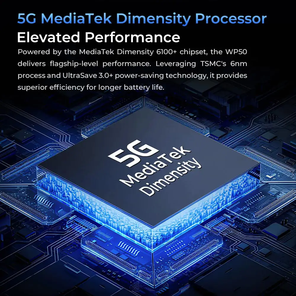 Oukitel WP50 5G 초박형 스마트폰, 안드로이드 14, 12GB(4 + 8GB)+ 256GB 48MP 6500mAh 휴대폰, 6.6 인치 HD + 견고한 휴대폰 NFC