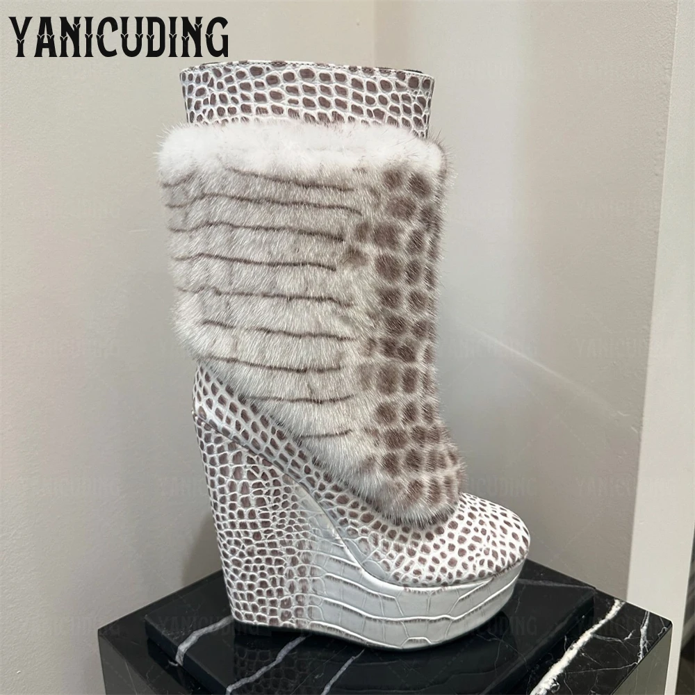 

Beige Embossed Croc Booties Mink Platform Wedge Boots Luxurious Leather Boots Designer Fashion Style Handmade Boots for Women