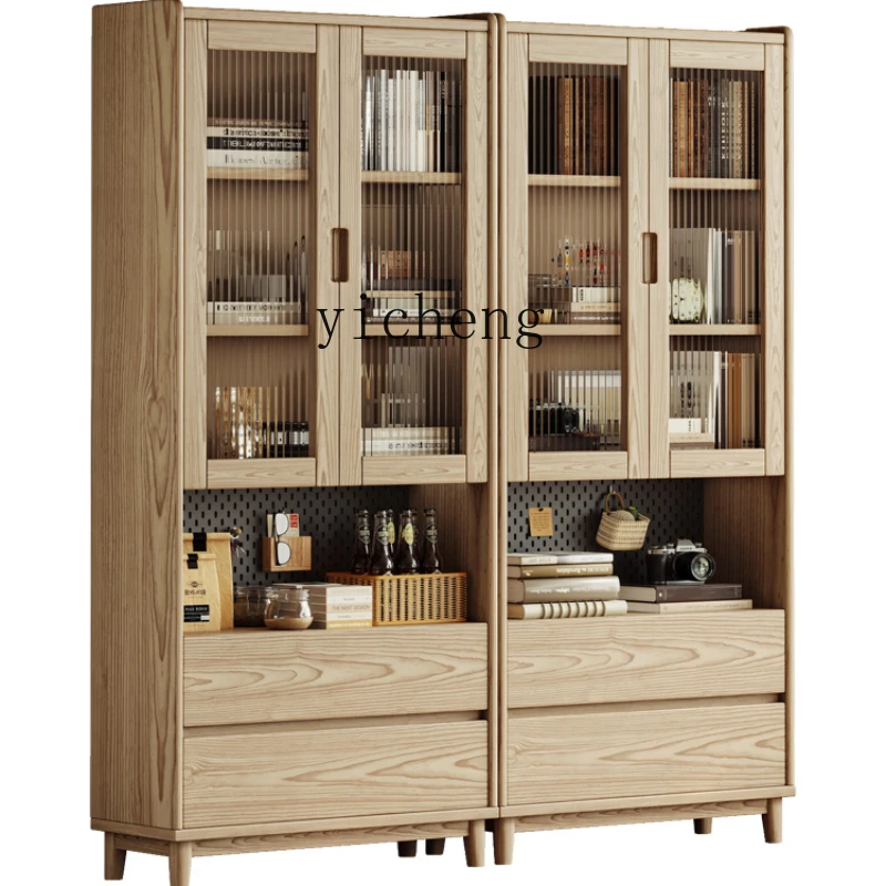 Tqh Solid Wood Bookcase Log Simple Wall Study Office Locker Floor Multi-Door Major Combination