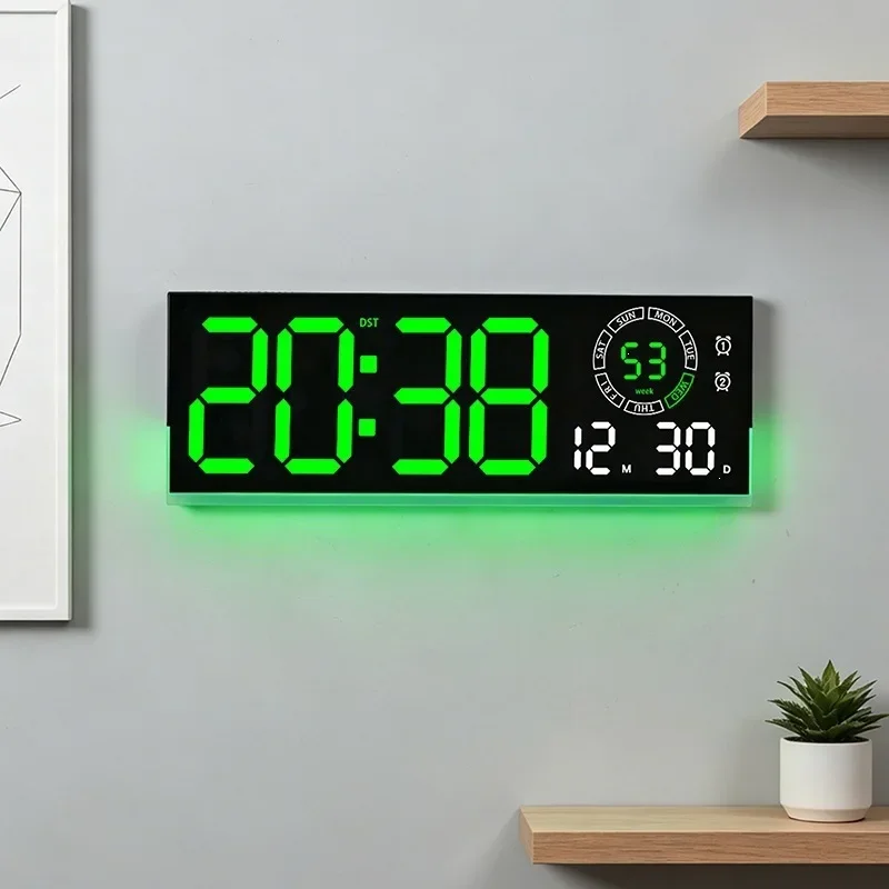 Large Digital Wall Clock with 8 Colors Mood Light Remote Timer Date and TEMP 10-level Brightness LED Alarm Clock for Living Room