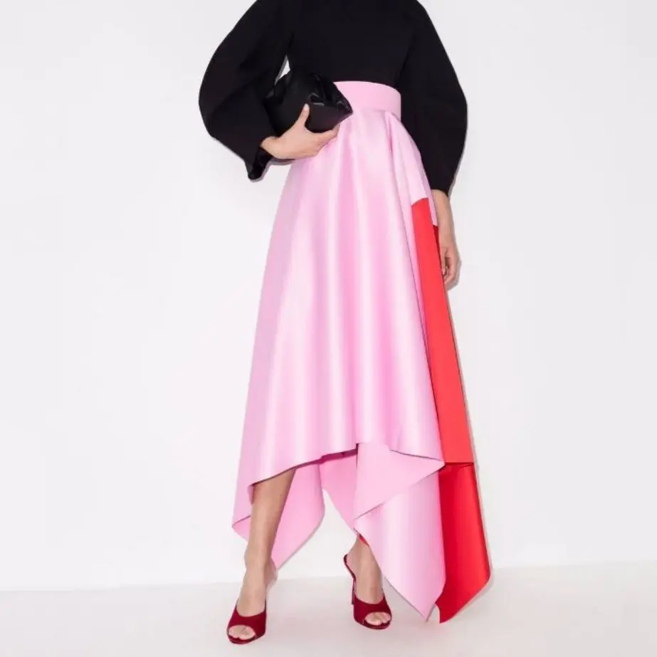 High-waisted Skirt Baby Pink Long Skirt Woman Clothing Asymmetrical Pleated Skirt Contrast Women's Skirts Woman Fashion