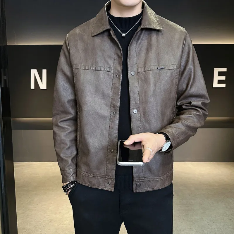 

Весенняя повседневная кожаная куртка для мужчин, модная облегающая куртка из искусственной кожи с молнией, однотонная, в уличном стиле