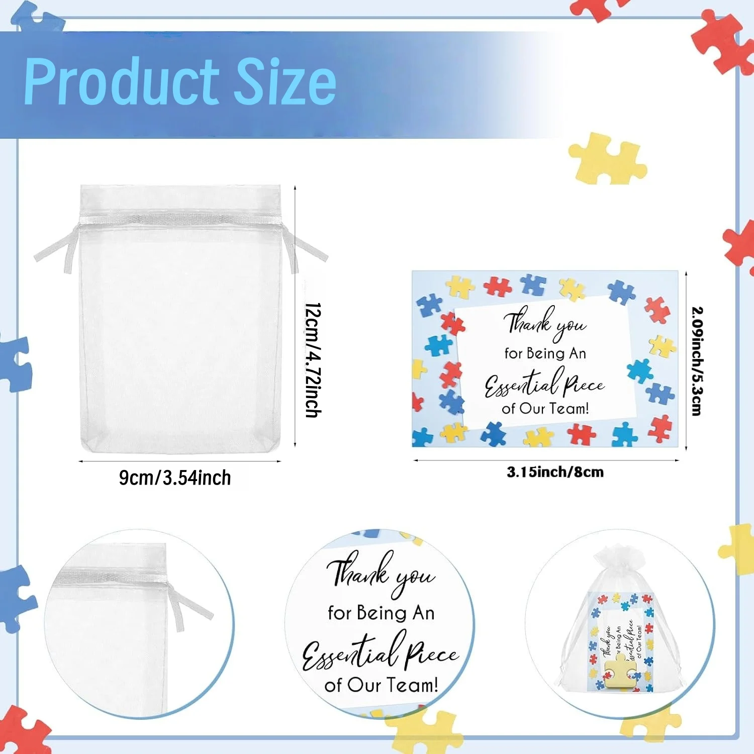 10 مجموعات من هدايا شكر الموظفين الجماعي - دبابيس ألغاز كبيرة مع بطاقات شكر وأكياس شاش مناسبة للهدايا