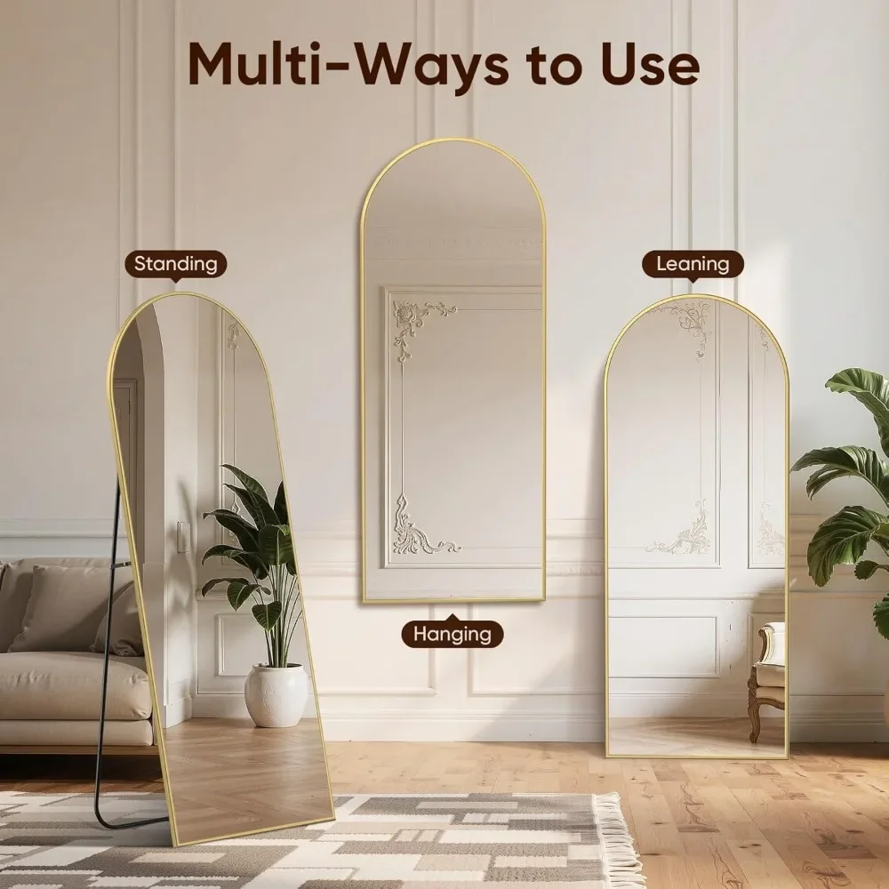 Grande espelho de piso de vidro temperado dourado arqueado com suporte, espelhos de suspensão de parede de comprimento total 64x21 para visualização de comprimento corporal
