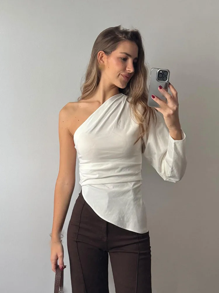 HH أزياء الخريف النسائية الصلبة 5 ألوان طيات غير متناظرة واحدة الكتف القمم الإناث تصميم غير رسمي الشعور مطوي الديكور