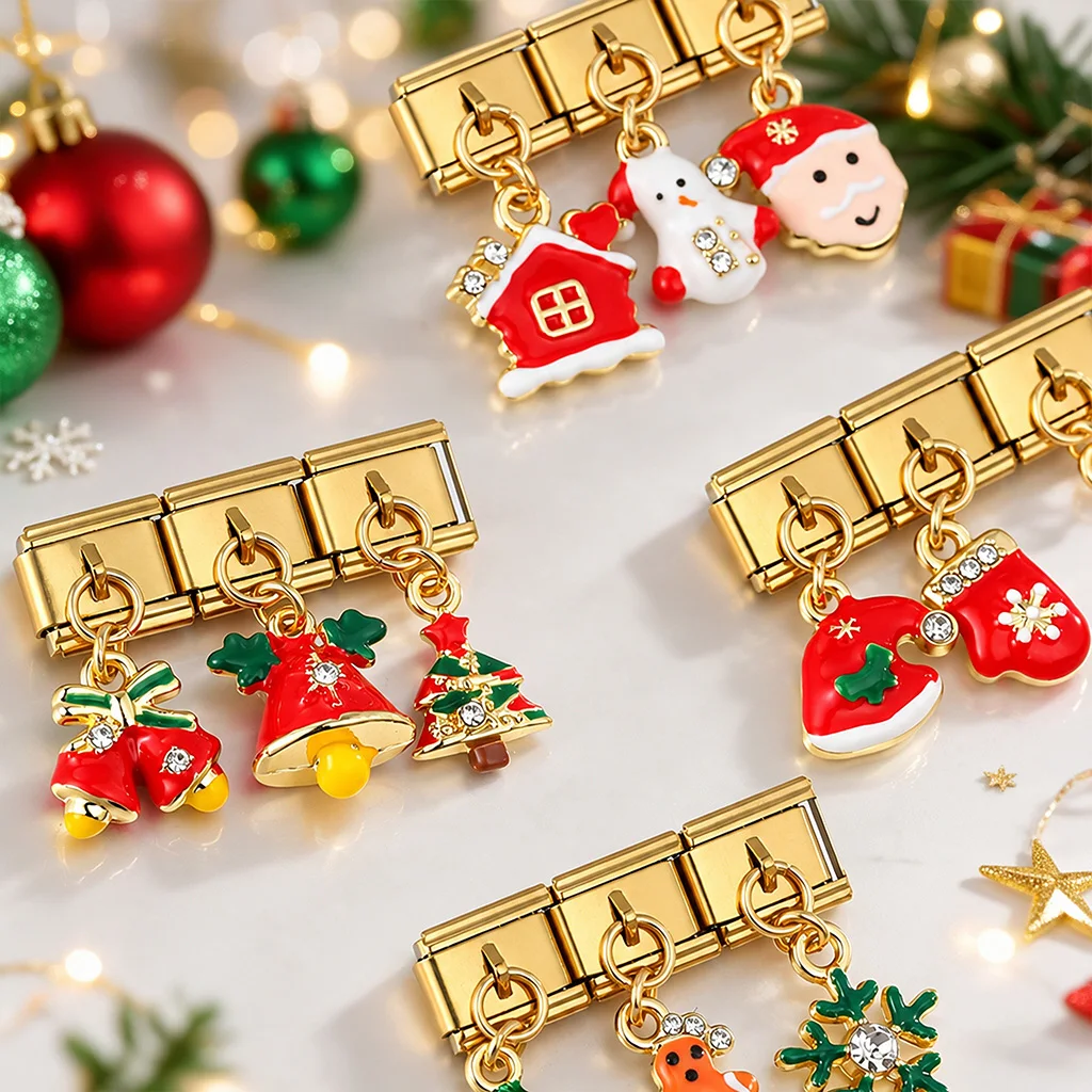 URING Enamel Pendant Christmas House Tree Italian Links Charm Fit 9mm Stainless Steel DIY Making Christmas Gift Bracelet Jewelry