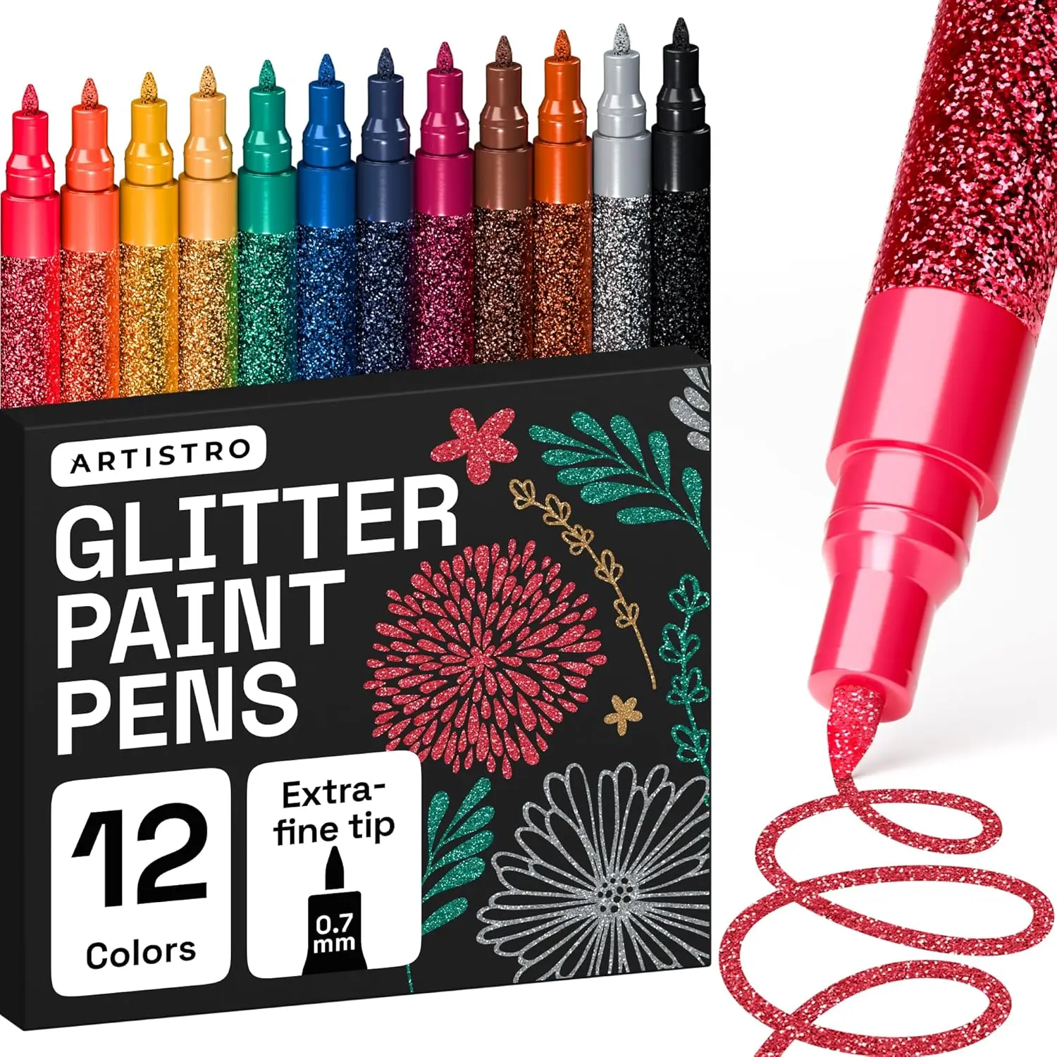 

12 Glitter Paint Pens for Glass, Rock, Ceramic & Wood - Acrylic Markers with 0.7mm Fine Tip for DIY Crafts and Coloring