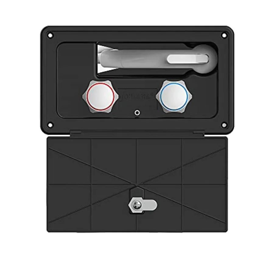 

RV exterior shower kit for outdoor use, ABS plastic, black, includes locking door and corrosion-resistant hardware