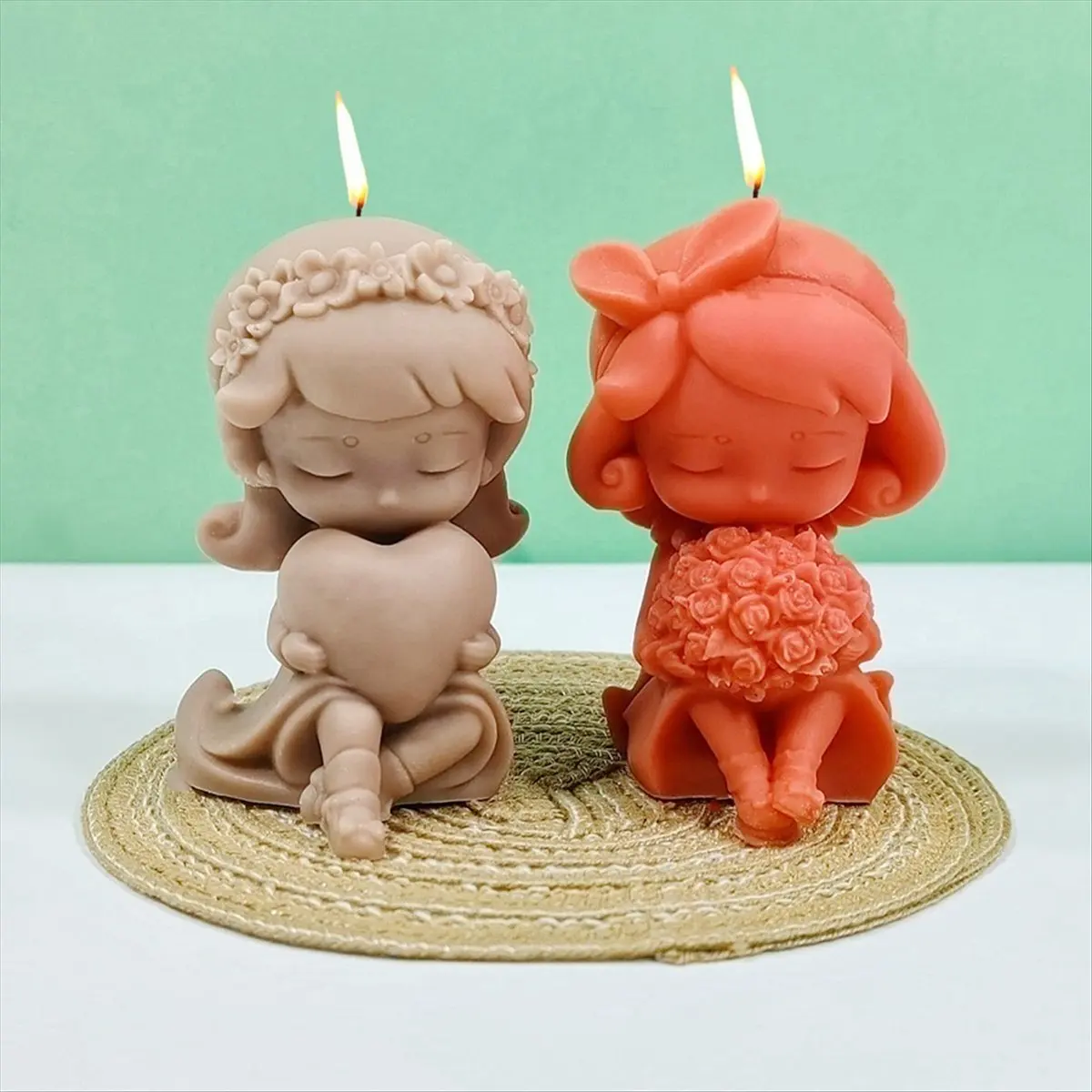 신제품 2개입 3D 장미 하트 모양 소녀 양초 실리콘 몰드 DIY 장미 소녀 수제 향초 석고 레진 몰드