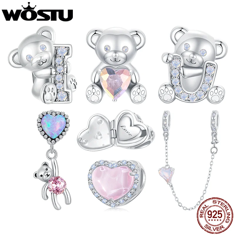 WOSTU 925 Sterling Silver Love Letter Pink Bear Charms Heart CZ Beads Safety Chain Fit Bracelet Necklace Valentine's DIY Gift