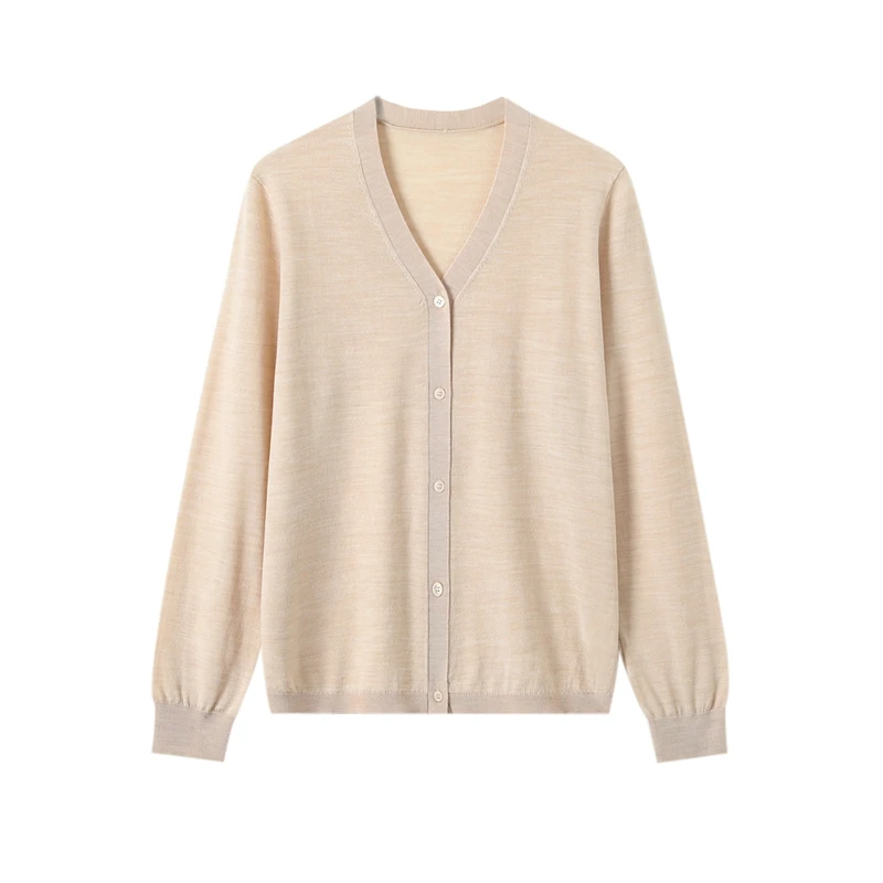 

Spring and summer new 100% pure wool women's cardigan V-neck solid color long sleeved knitted cardigan sweater jacket