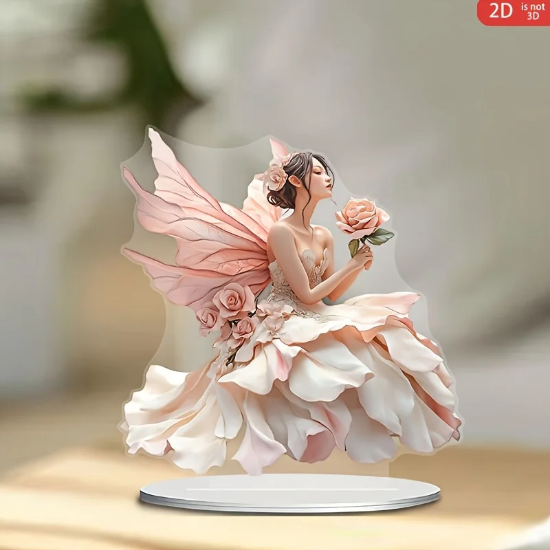 2D Flat, 2D Flat Bohemian Flower Fairy Decoration - Elegant Pink Tulle Fairy with Bouquet, for Desktop/Windowsill/Living Room Di