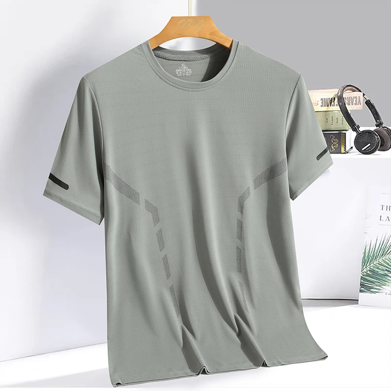 Men Running T-shirt Breathable Stretch Summer Top Gym Fitness Running Thin Short Sleeve Sportswear M-5XL Gray Blue Black White