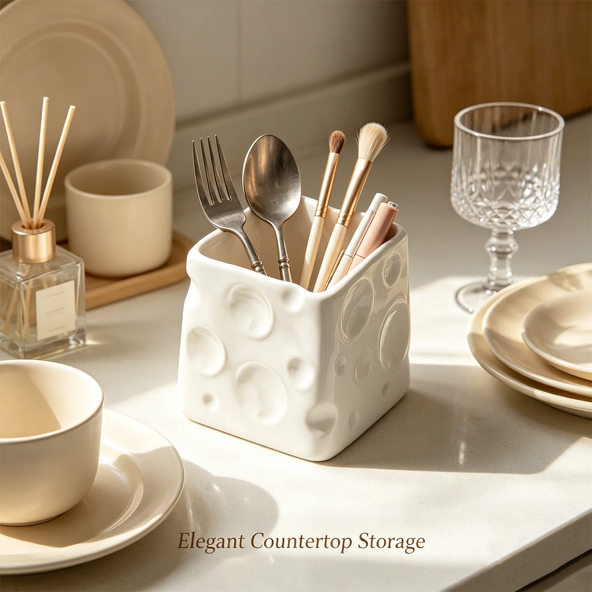 Cream style ceramic fruit fork light luxury set high aesthetic stainless steel fruit sign home decoration storage tube
