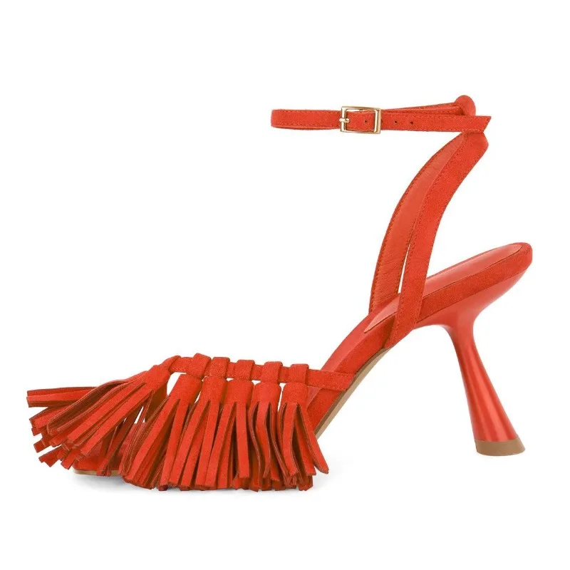 

European and American French Style High-heeled Handmade Woven Toe Cap Sandals for Women, Sexy Tassel Nightclub Runway Shoes