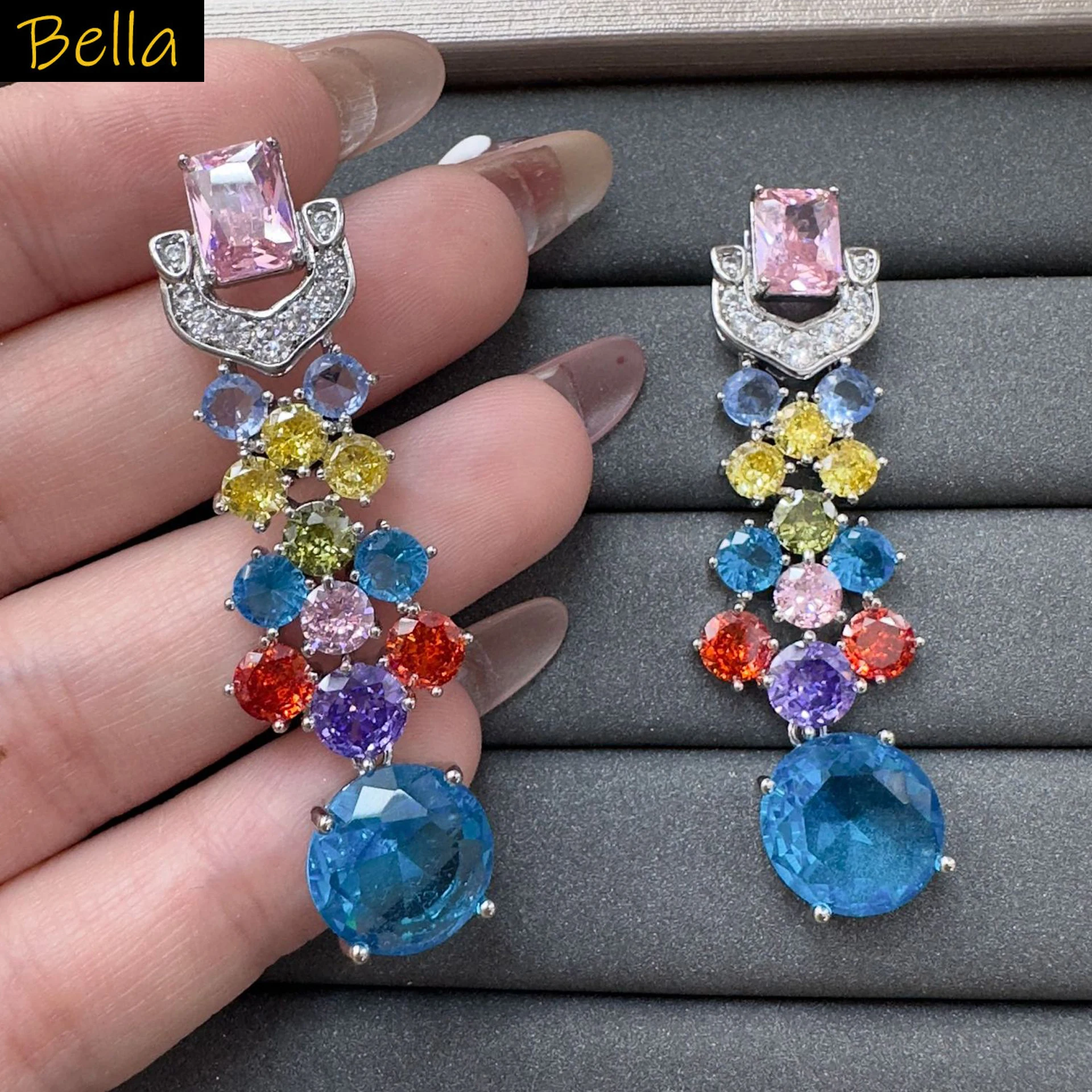 

colorful zirconia earrings for women luxury jewelry red blue green dangling earrings small round zircon pendant