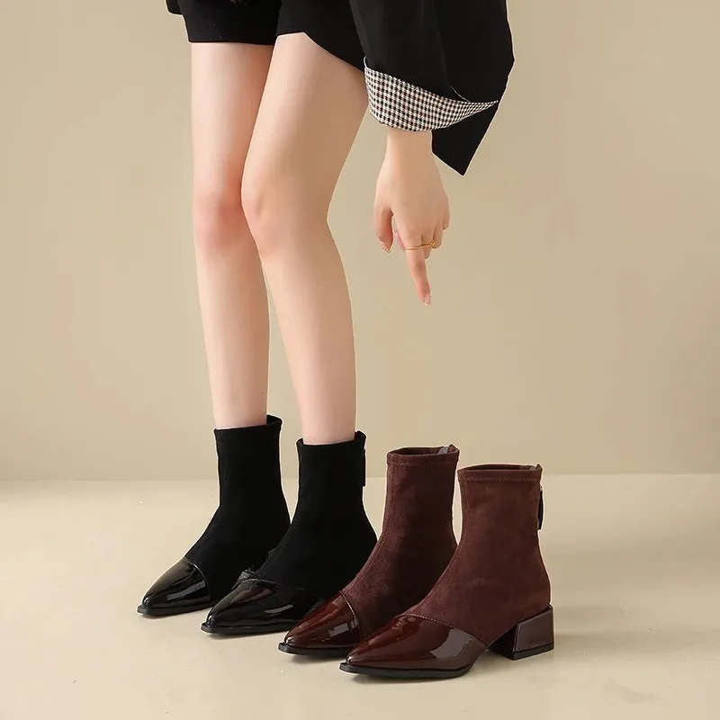 Damen Stiefeletten Spitze Zehe Mittelhoher Blockabsatz Sockenstiefel Wildleder Lack Synthetik Reißverschluss Hinten Herbst Winter Elegante Modische Bequeme Halbstiefel Party Büro Freizeit Laufschuhe