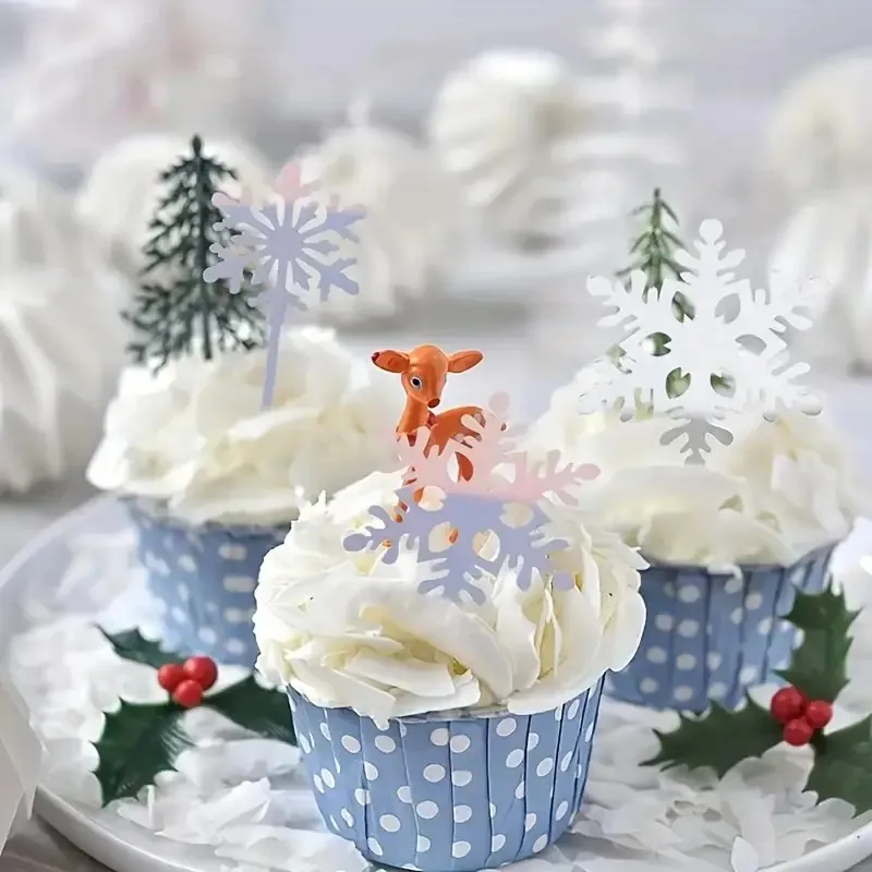 16pcs Snowflake Cupcake Toppers, Frozen Theme Cake Decorations, for Ice & Snowflake Theme, Happy Birthday Cake Top view 3