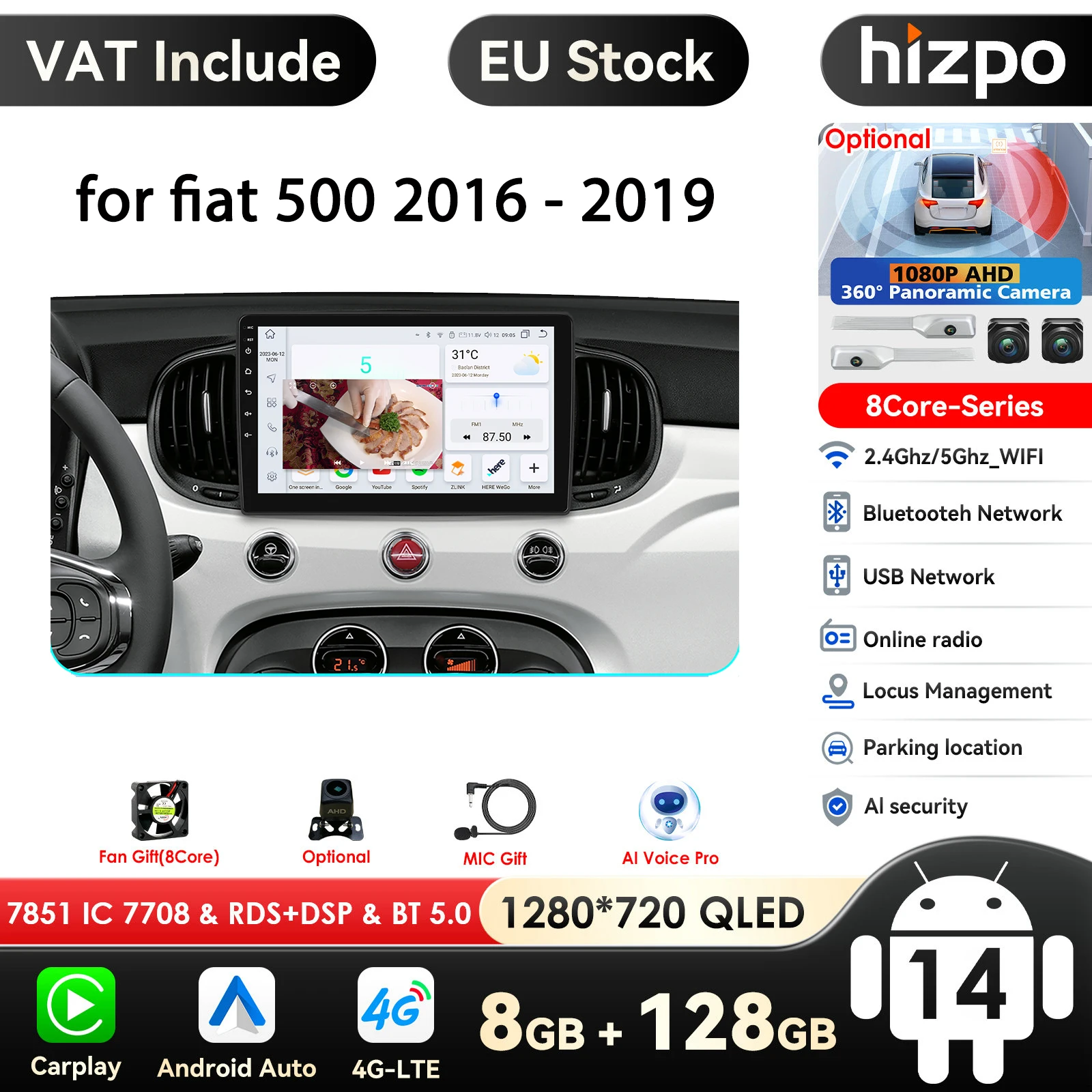 Hizpo 9 ''Wireless Carplay Android Auto Car Multimedia Player per Fiat 500 2016 2017 2018 2019 Carplay 4G Autoradio 360 ° fotocamera