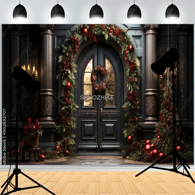 Weihnachten Tag Wreach Schneeflocke Fotografie Kulissen Haustür Winter Neujahr Cottage Wohnzimmer Dekoration Hintergrund DD-06