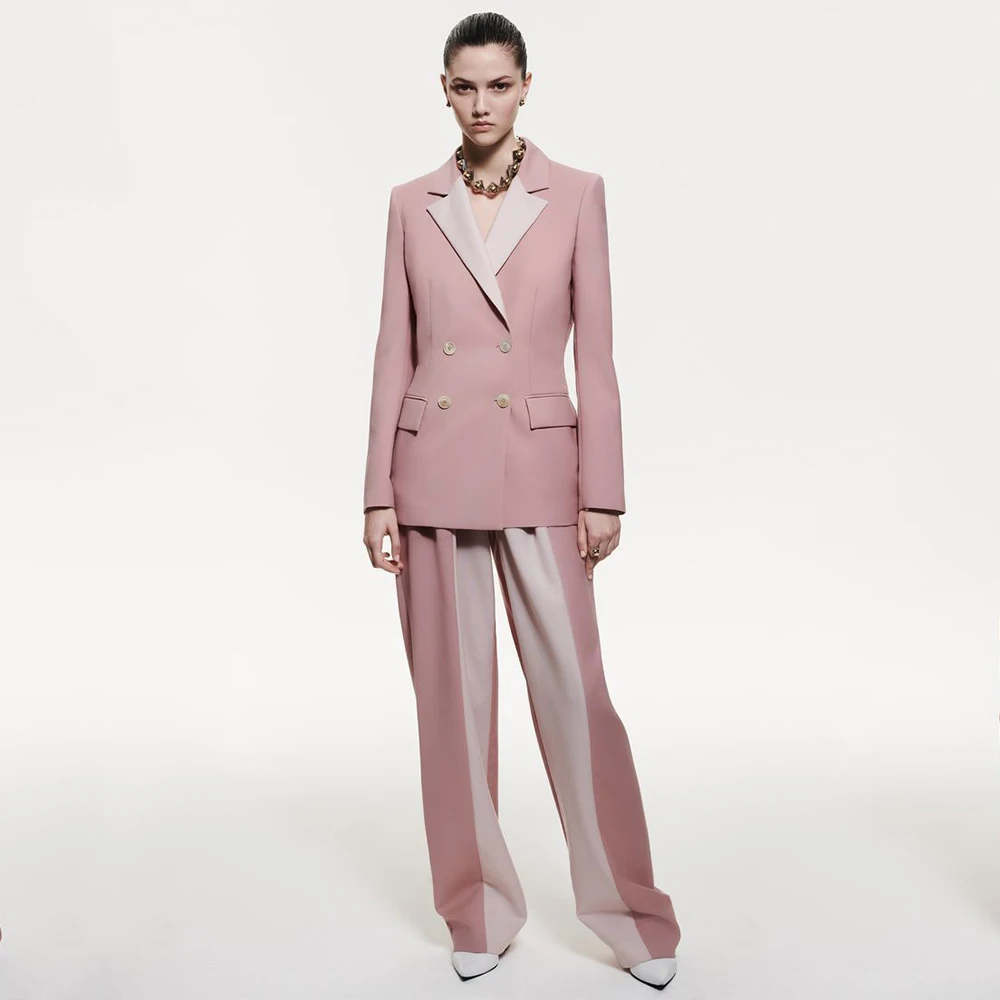 

Модные женские костюмы с цветными блоками, двубортные комплекты с лацканами из 2 предметов: куртка + брюки, женский наряд высокого качества на заказ