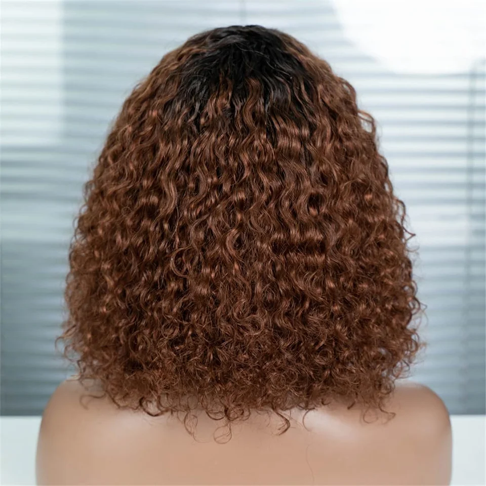 Highlight Jerry Curly Bob With Bangs Short Pixie Cut Curly Human Hair Wig Water Wave Wear To Go Wigs Full Machine Natural Black