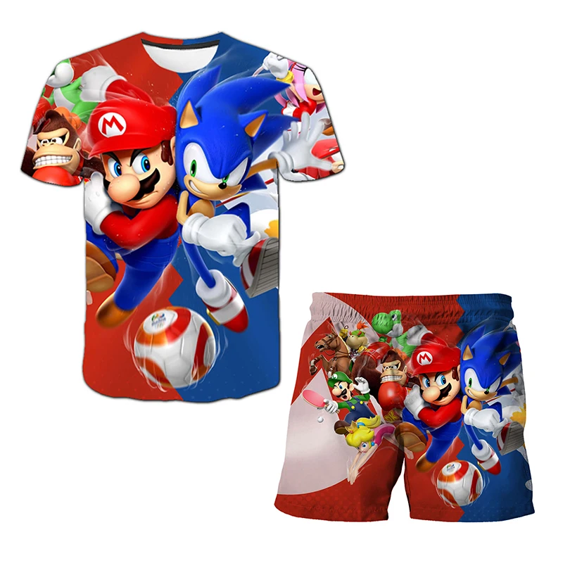 Nuovo cartone animato giapponese Sonic T-shirt top per bambini T-shirt pantaloncini set in due pezzi estate ragazzo cartone animato carino T-shirt + pantaloni da spiaggia