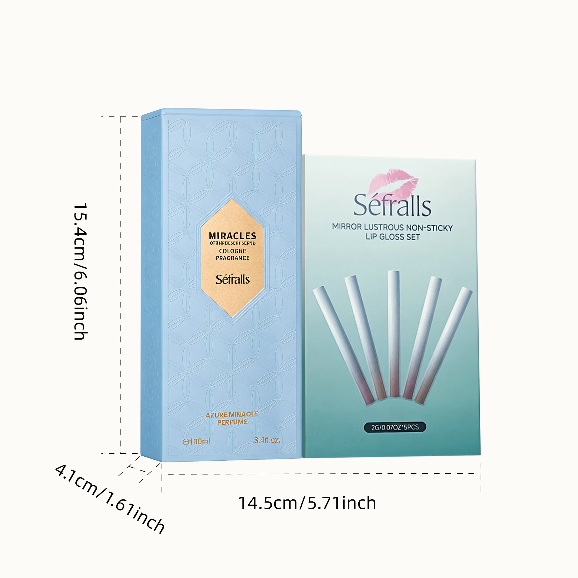 Séfralls AZURE MIRACLE perfume cologne FRAGRANCE+MIRROR LUSTROUS NON-STICKY LIP GLOSS SET LIP KIT 100ml+（2G/0.07OZ）*5PCS Makeup