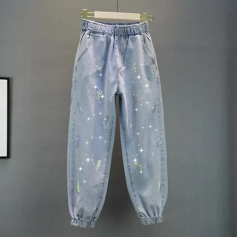 

Джинсы с высокой талией на лето, новые свободные брюки с эластичной резинкой на талии, популярные брюки с бриллиантами, женские повседневные джинсовые брюки JJ1043