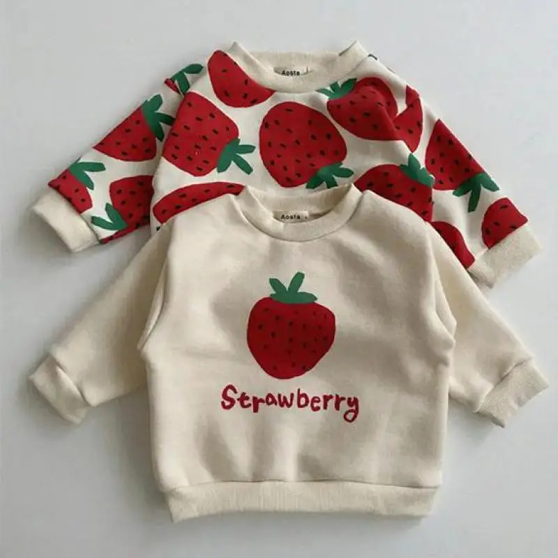 2024 Autumn New Girls Strawberry Print Sweatshirts Cotton Children Long Sleeve Tops Versatile Casual Baby Pullover Kids Clothes