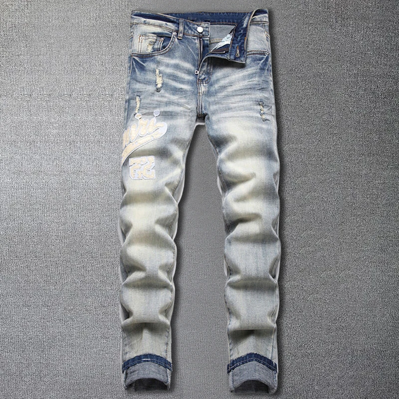 

New Style Men Blue Distressed White Letter Embroidered Jeans Trendy Small Foot Elastic Slim Men's Pants Denim Trousers Homme