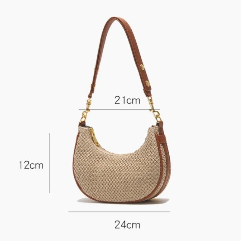 Summer Simple Design Women\'s Half Moon Hobo Bag High Quality Hand-woven Straw Armpit Bag Female Seaside Beach Shoulder Bag 2024