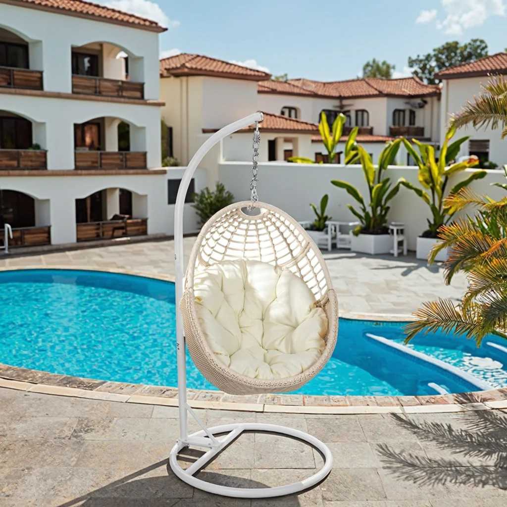 البيج في الهواء الطلق الروطان الخوص فناء سوينغ كرسي إطار معدني وسادة مقاومة للأشعة فوق البنفسجية معلقة البيض كرسي الوقوف للفناء الداخلي