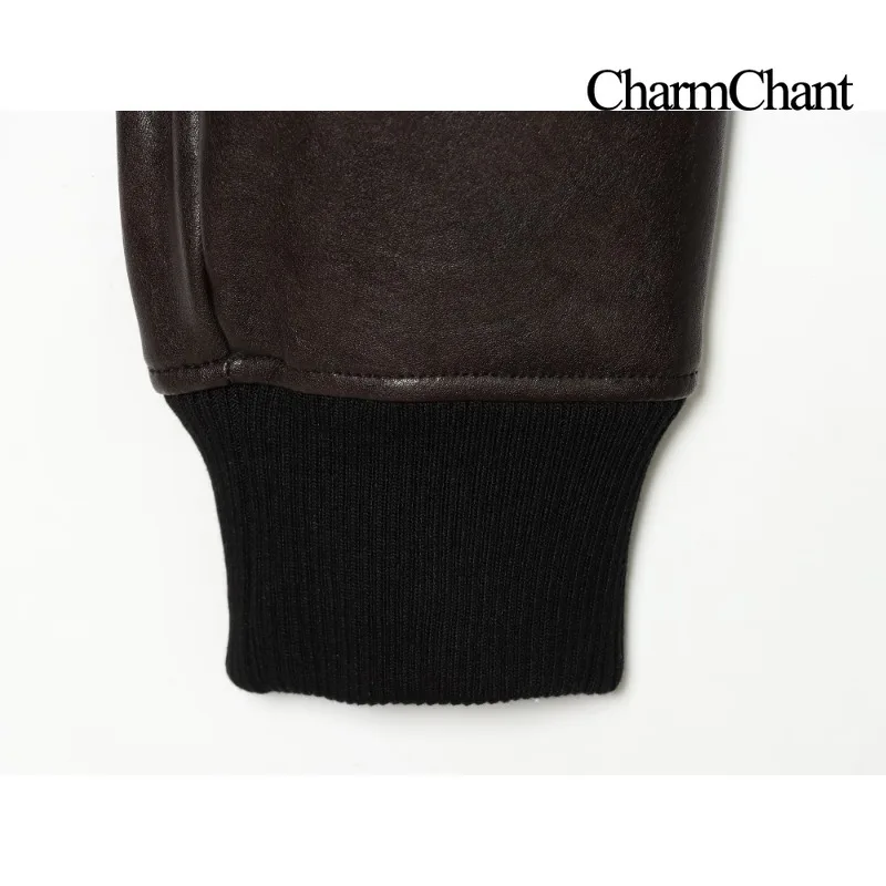 CHARMCHANT Womens Faux Leather Bomber Jacket Ribbed Stand Collar Zip Up Drop Shoulder Cropped Oversized Slant Pockets Fall 2026