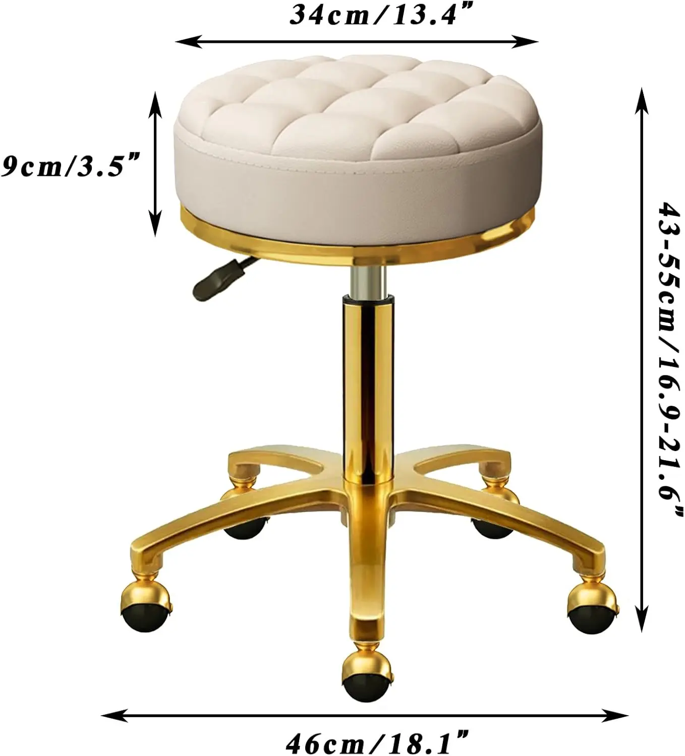 Tamborete dourado com rodas, bancos de massagem para pedicure, cadeira giratória redonda de couro pu para spa, base dourada de titânio