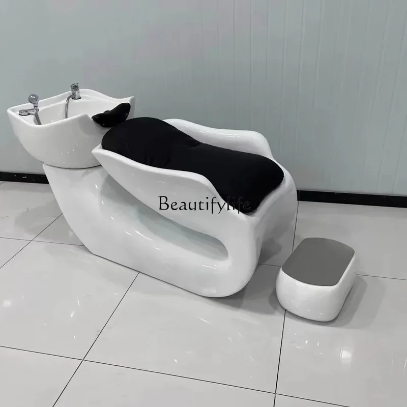 

02Ceramic Basin Shampoo Chair for Hair Salon Lying Half Punch Bed Silicone Headrest