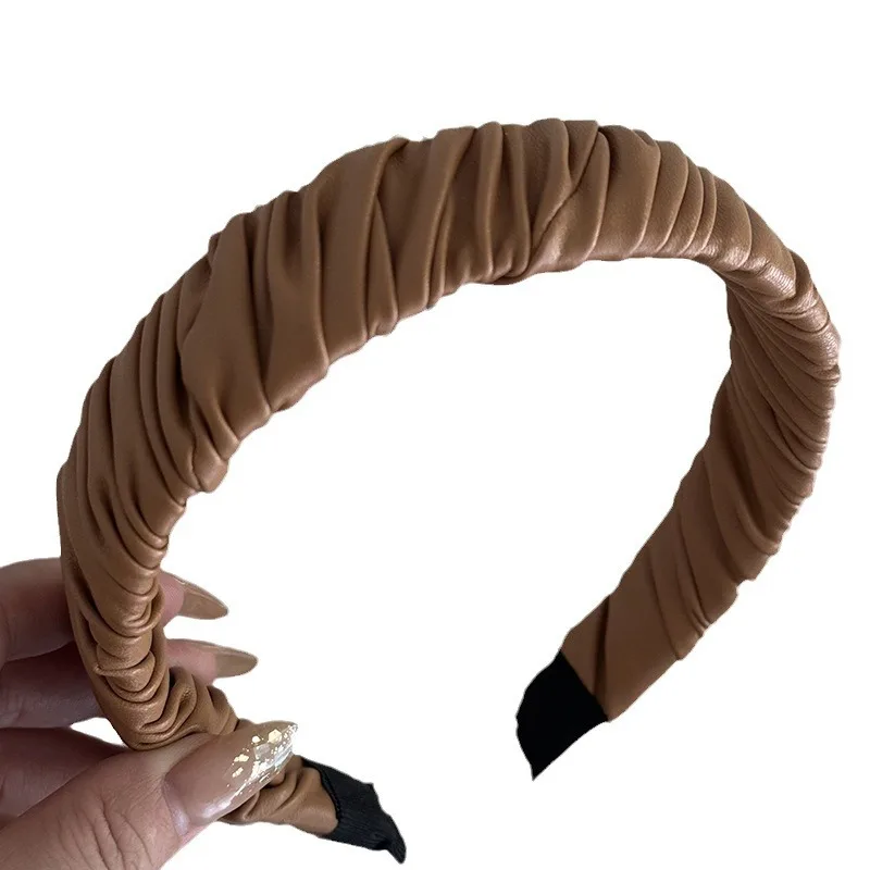 French Style Wide-Brimmed Elegant Leather Pleated High Skull Top hairhoop New High-Grade Autumn and Winter Headband for Women