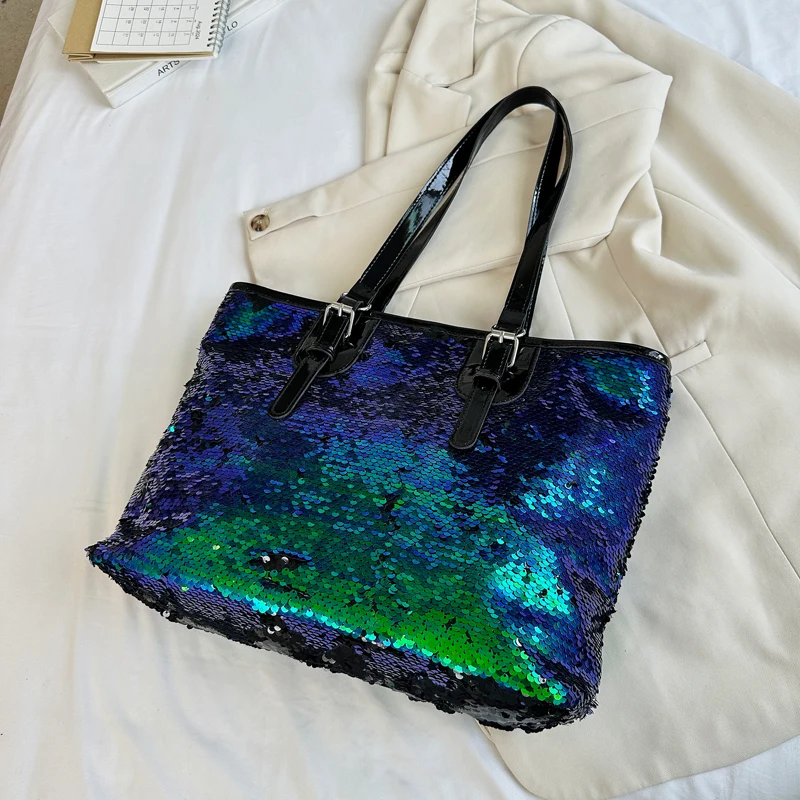 Sequin fashion single shoulder big bag shiny lady shopping bag personality large capacity Tote bag portable simple bright bag