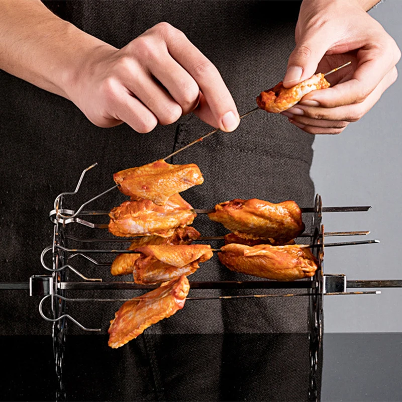 1Set Chicken Grill For Roaster Oven Stainless Steel BBQ Kebab Cage Rotisserie Skewer Forks DIY Camping Cooking Tool