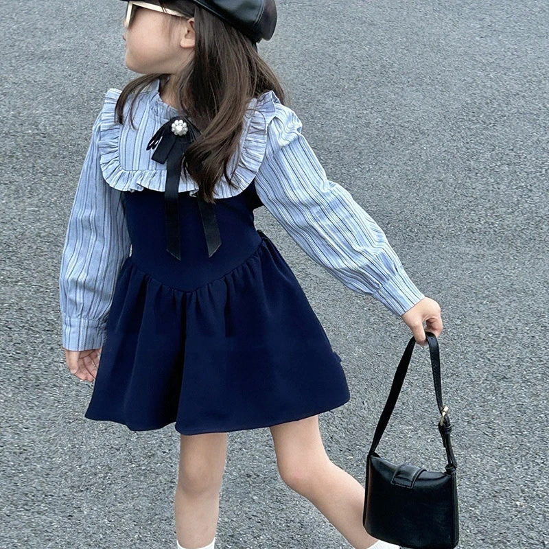 Girl Skirt Spring Autumn College Style Children\'S Clothing Striped Splicing Dress Fashionable  Western New Product Kore